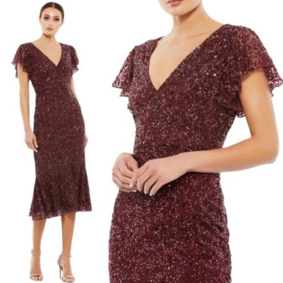 Mac Duggal Garnet Red Sequin Flutter Sleeve Cocktail Midi Dress size 8 NWT